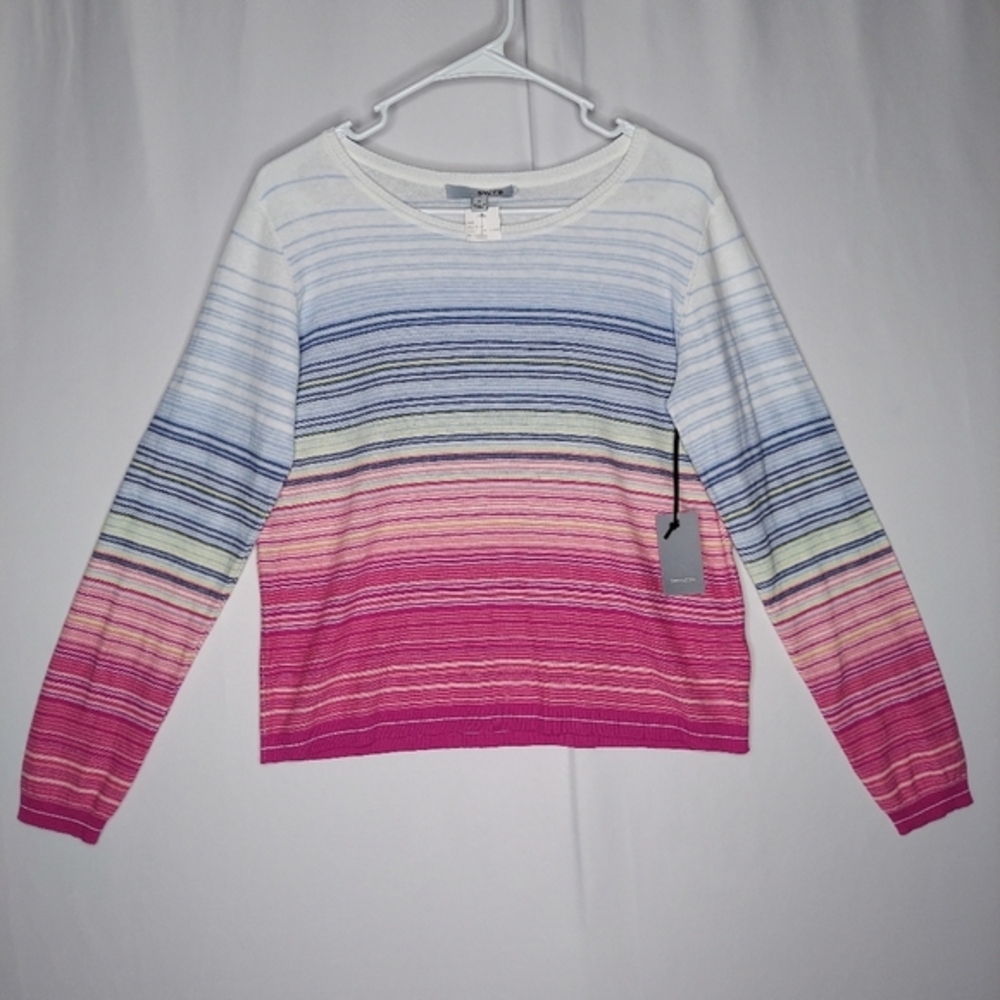 SWTR Sweater Women Small Linen Cotton Pink Blue Stripe‎ Scoop Neck Long Sleeve